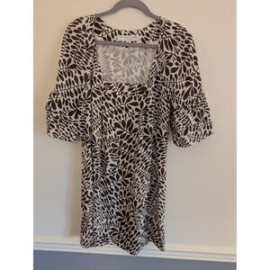 Trina Turk Silk Leaf Print Shift Dress Brown‎ Cream Tiered Ruffle Sleeve Size 8